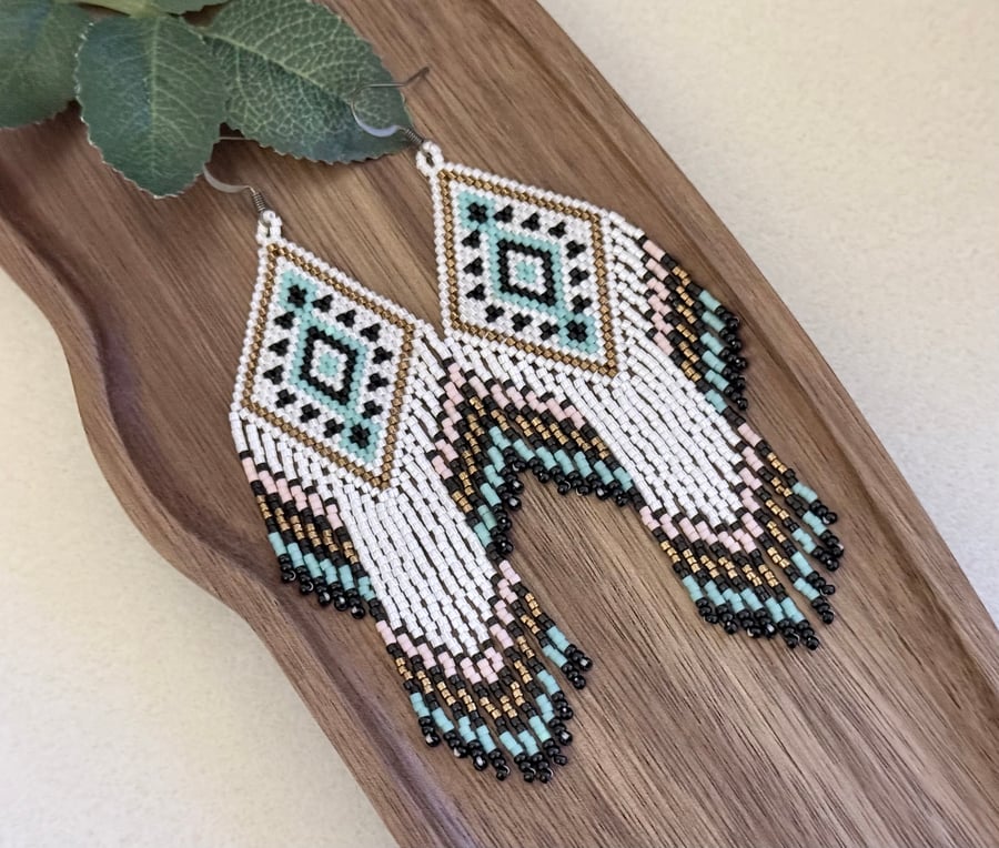 Native American tribal style beadwork fringe earrings 