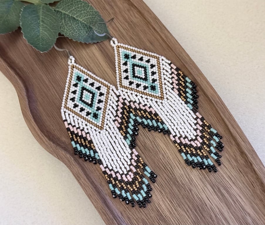 Native American tribal style beadwork fringe earrings 