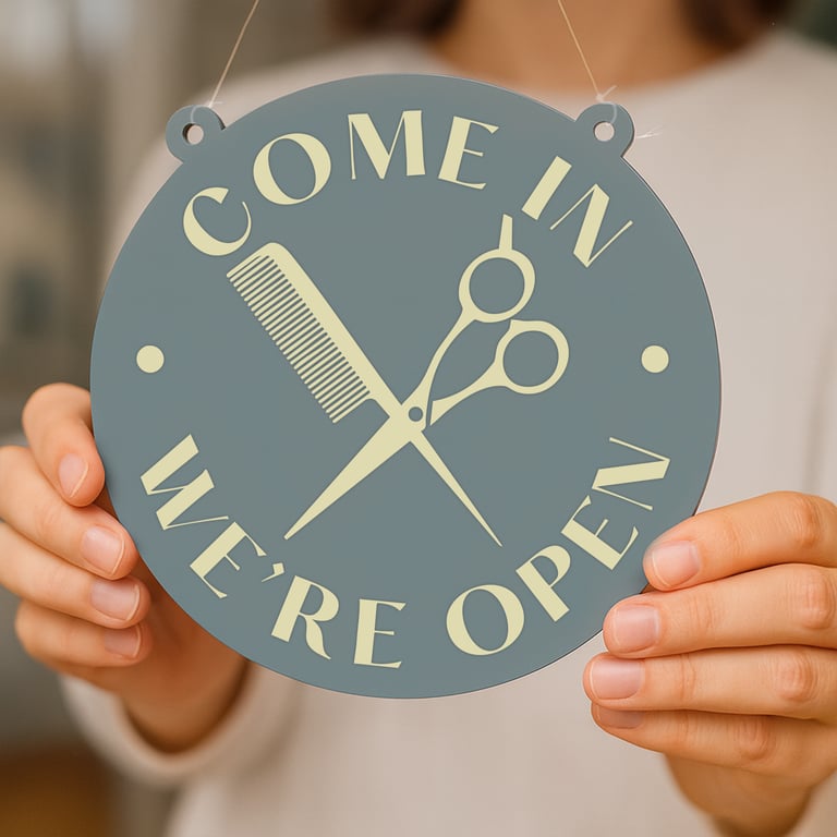 Round Open & Closed Hair Salon Sign – Comb and Scissors Design: Acrylic Sign 