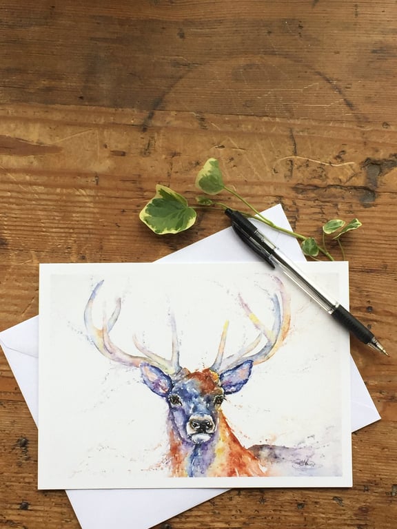 Red Deer Stag Card, A5 blank greeting card with a watercolour stag