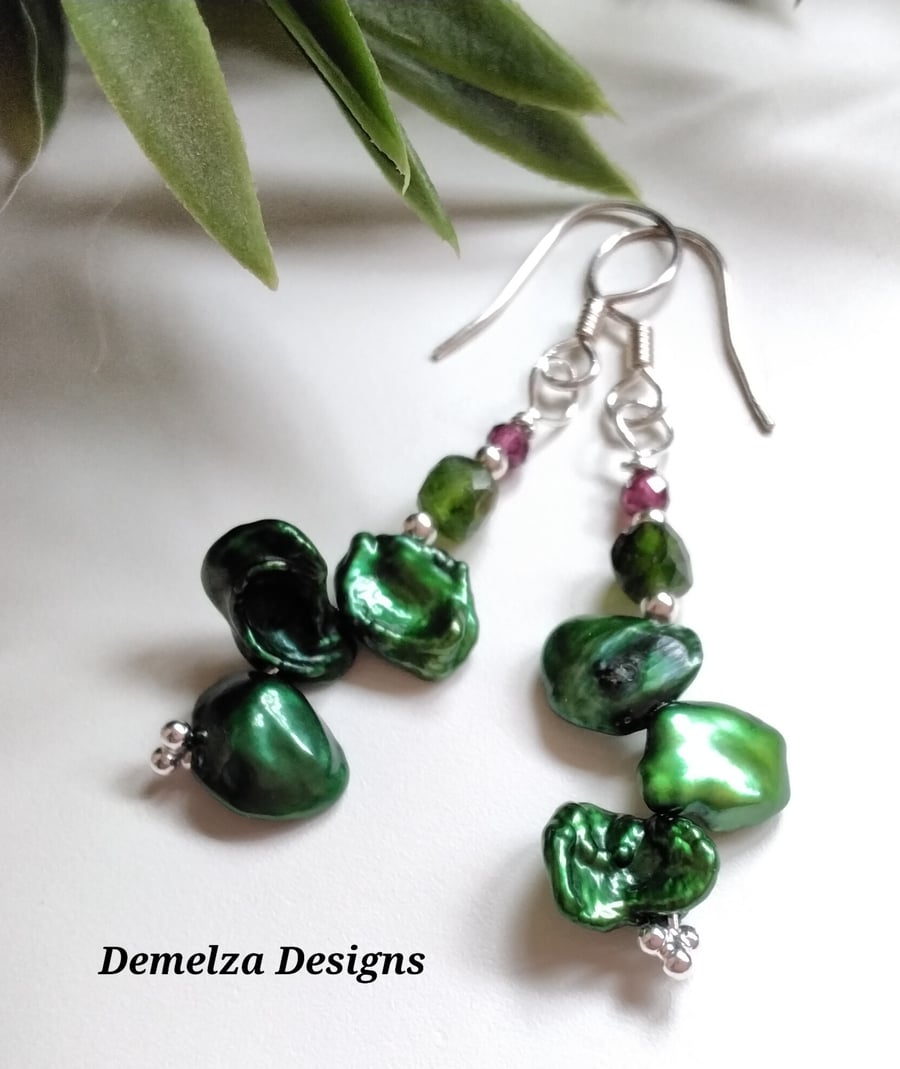 Keshi Pearl, Russian Chrome Diopside & Rhodalite Garnet Sterling Silver Earrings
