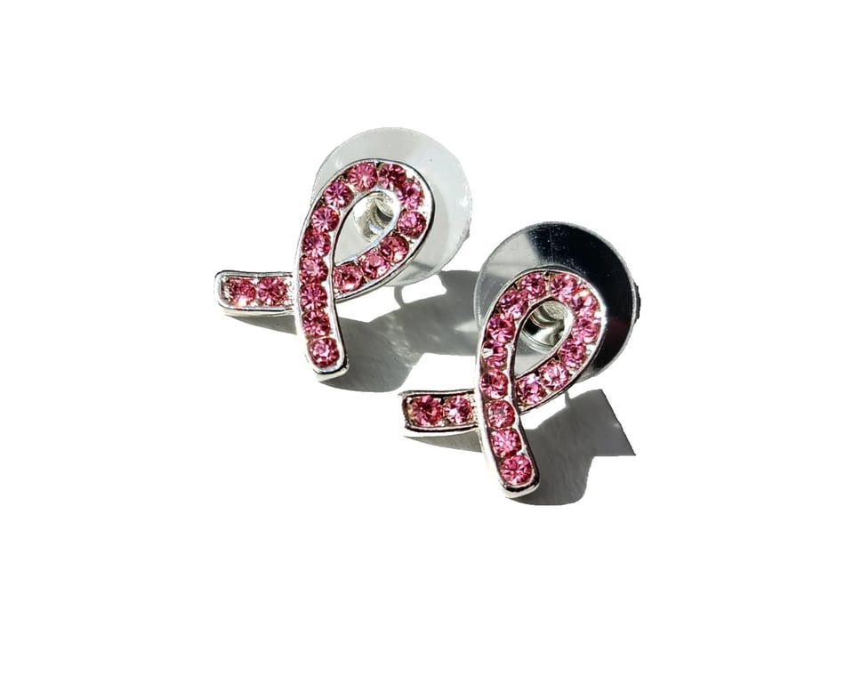 Breast Cancer Awareness Earrings Studs Pink Ribbon Crystal Jewellery Gift