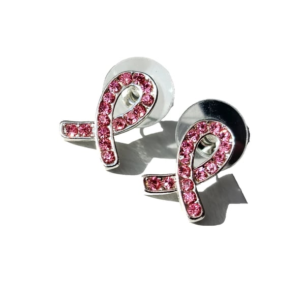 Breast Cancer Awareness Earrings Studs Pink Ribbon Crystal Jewellery Gift