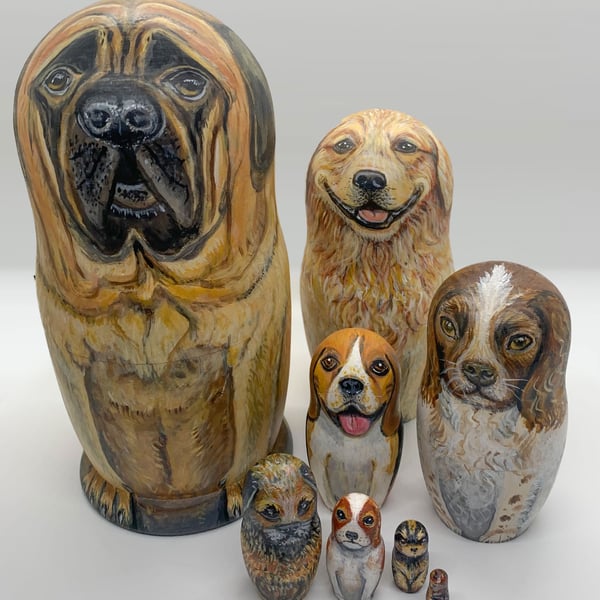 British Dogs - English mastiff, golden retriever, springer spaniel nesting dolls