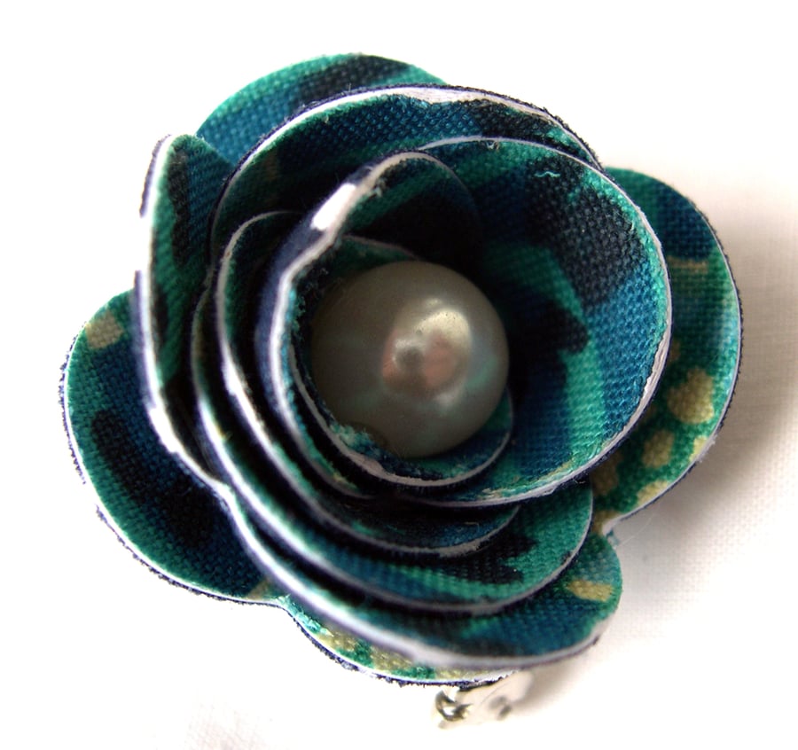 Hardened Fabric Ditsy Floral teal Rose Brooch 