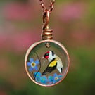 Copper Resin Goldfinch Forget-Me-Not Flowers Pendant Necklace 