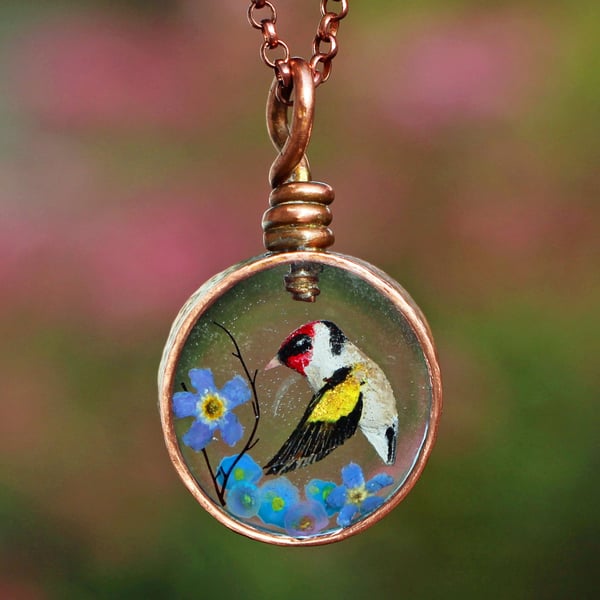 Copper Resin Goldfinch Forget-Me-Not Flowers Pendant Necklace 