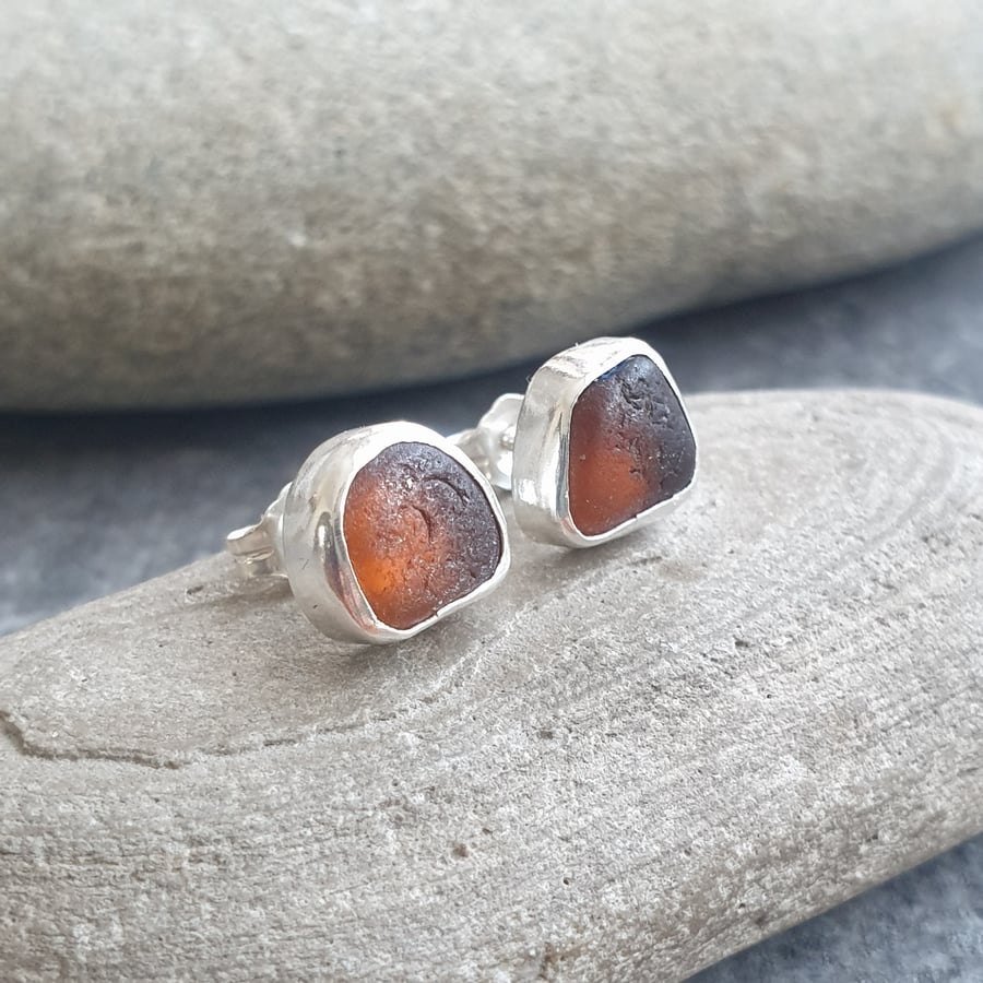 Brown sea glass studs, Amber seaglass earrings, Coastline themed gift