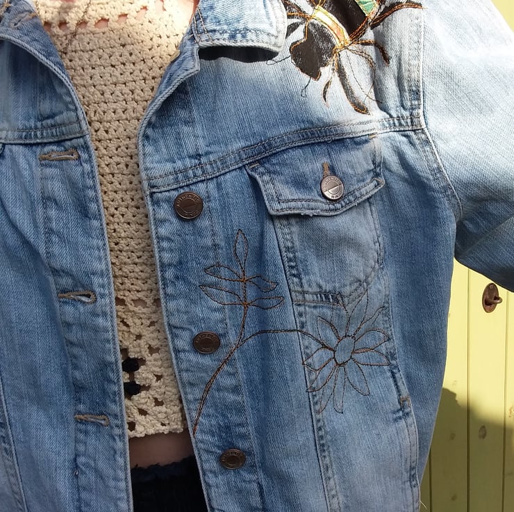 Upcycled light denim jacket with bees - Folksy
