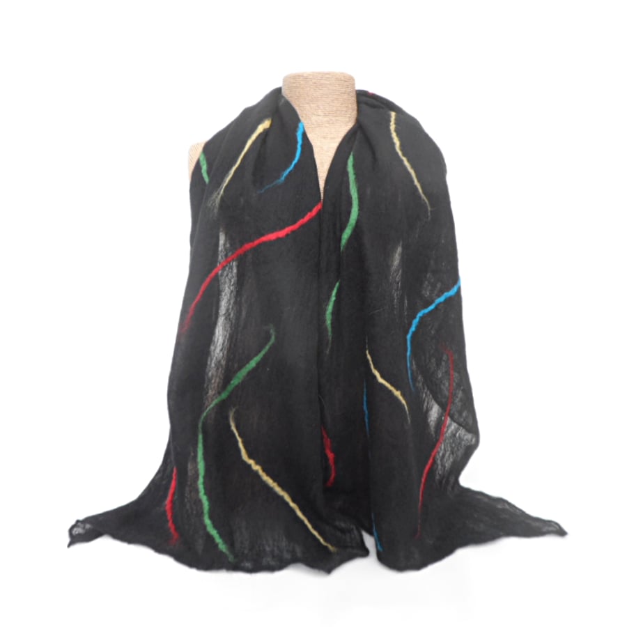 Nuno felted black scarf with rainbow decoration