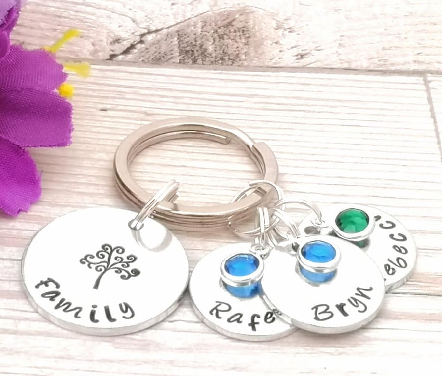 Personalised Family Tree Gift - Name Keyring - Birthstone Keychain - Mum Gift