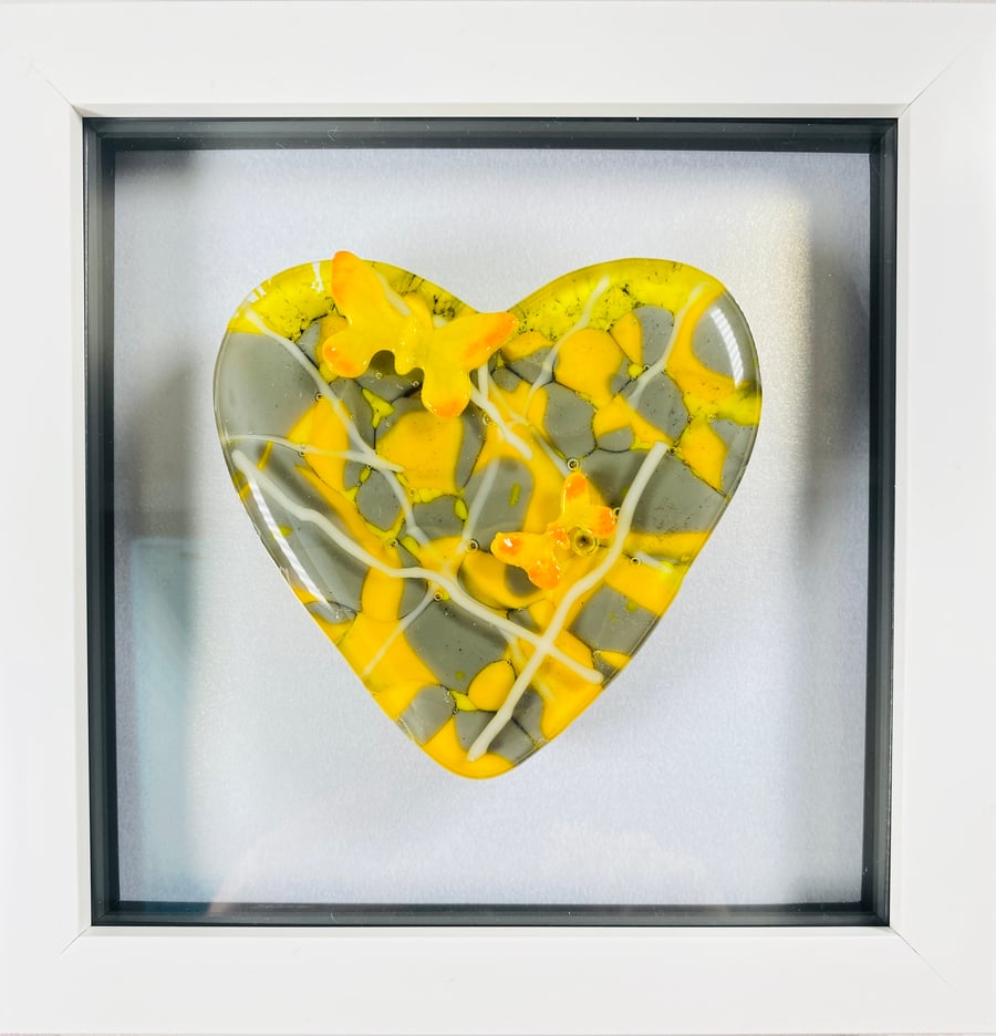 Fused glass heart picture with butterflies 