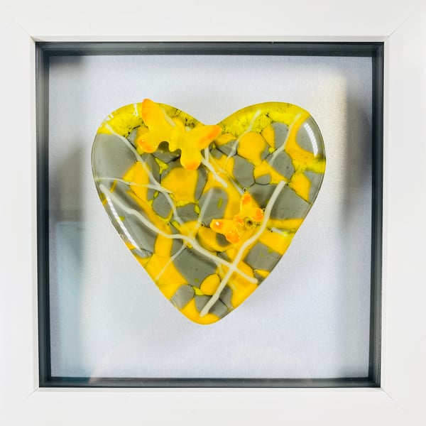 Fused glass heart picture with butterflies 