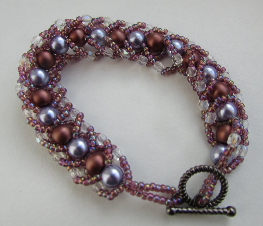 Lilac and Bronze Spiral Weave Bracelet
