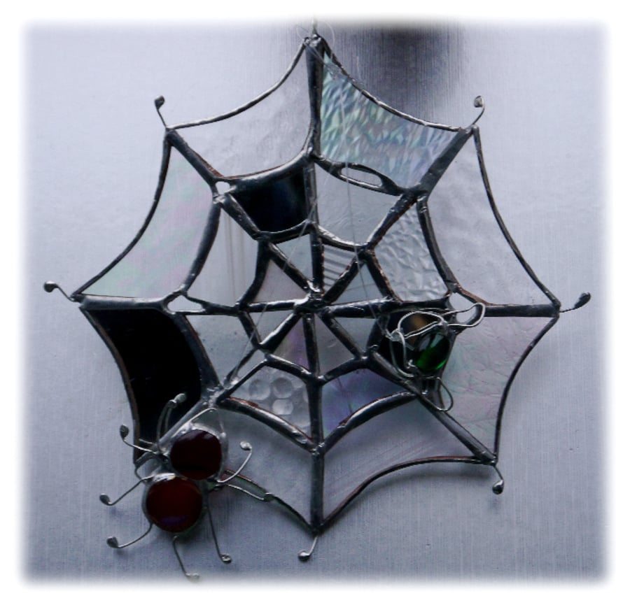 Spider's Web Suncatcher Stained Glass with Red Spider and Green Fly 037