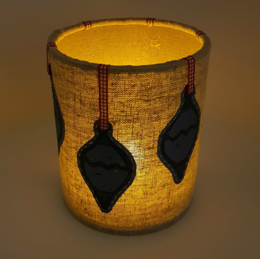 Hand printed bauble lantern with LED candle (Hessian with red & white ribbon)
