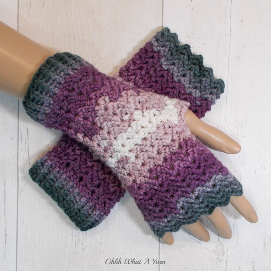 Purple pink and grey ladies crochet gloves, finger less gloves.  