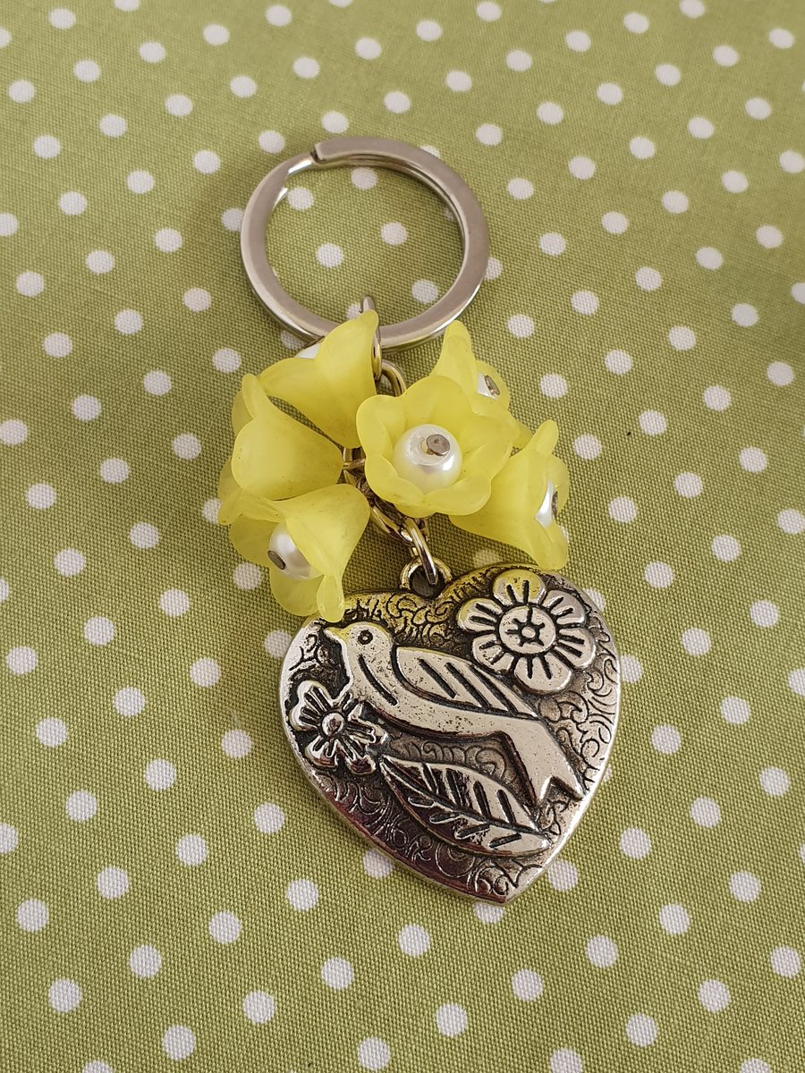 Yellow Flower, Bird and Heart Keychain, Keyring, Bag Charm