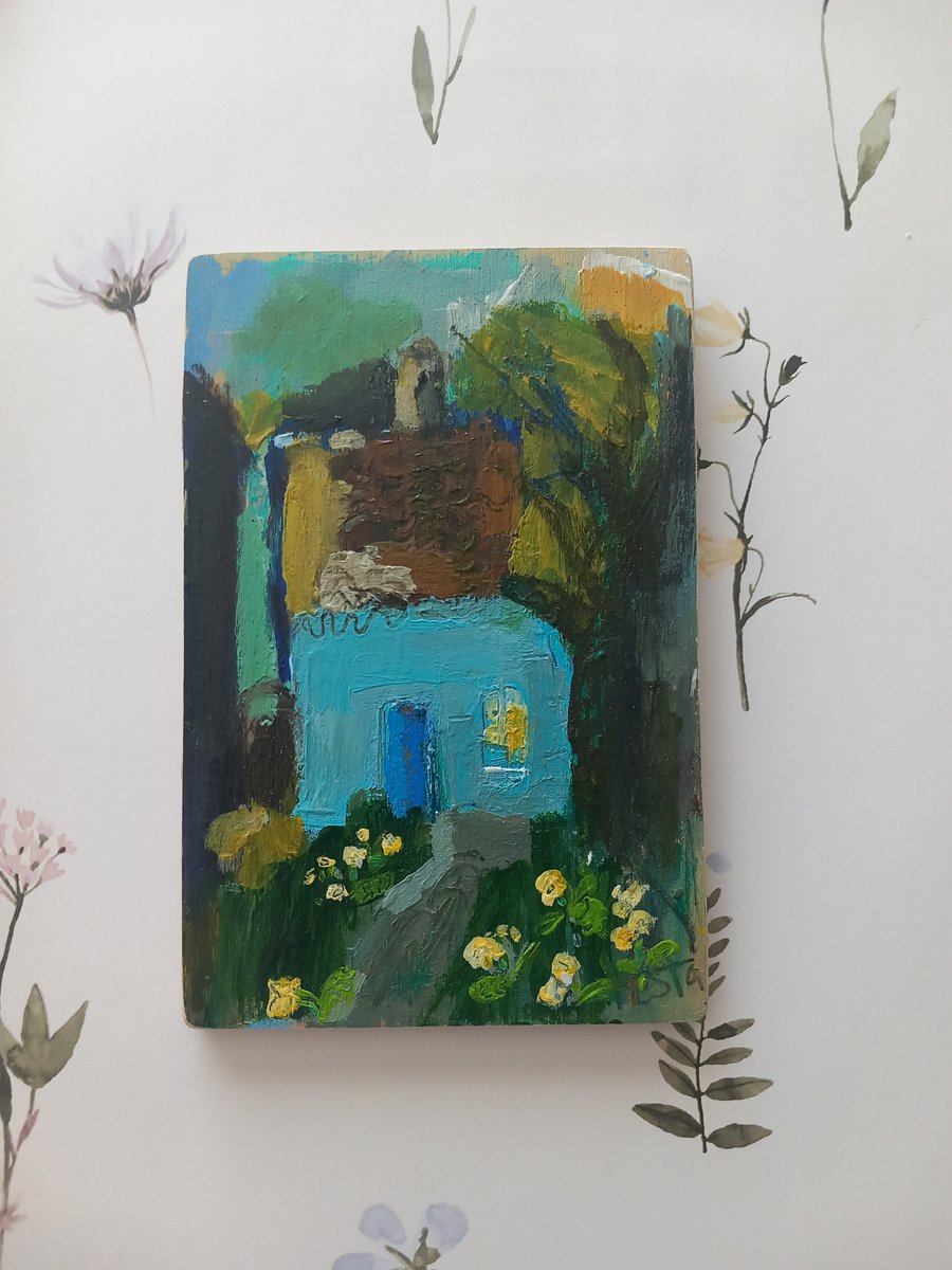 Small painting on reclaimed wood. 'The blue cottage'