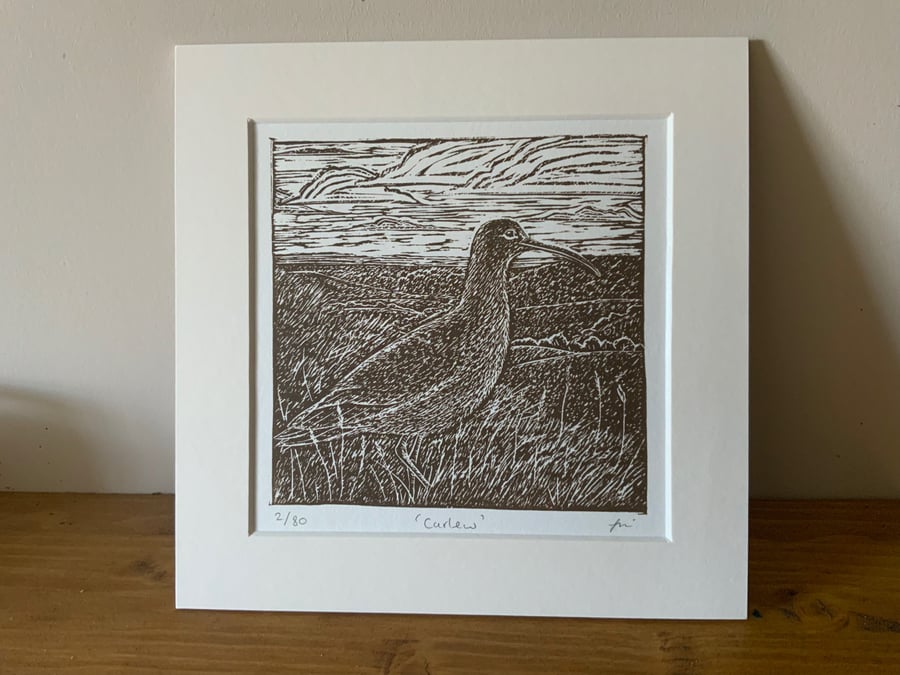 Linocut print of a Curlew, an original limited edition lino print