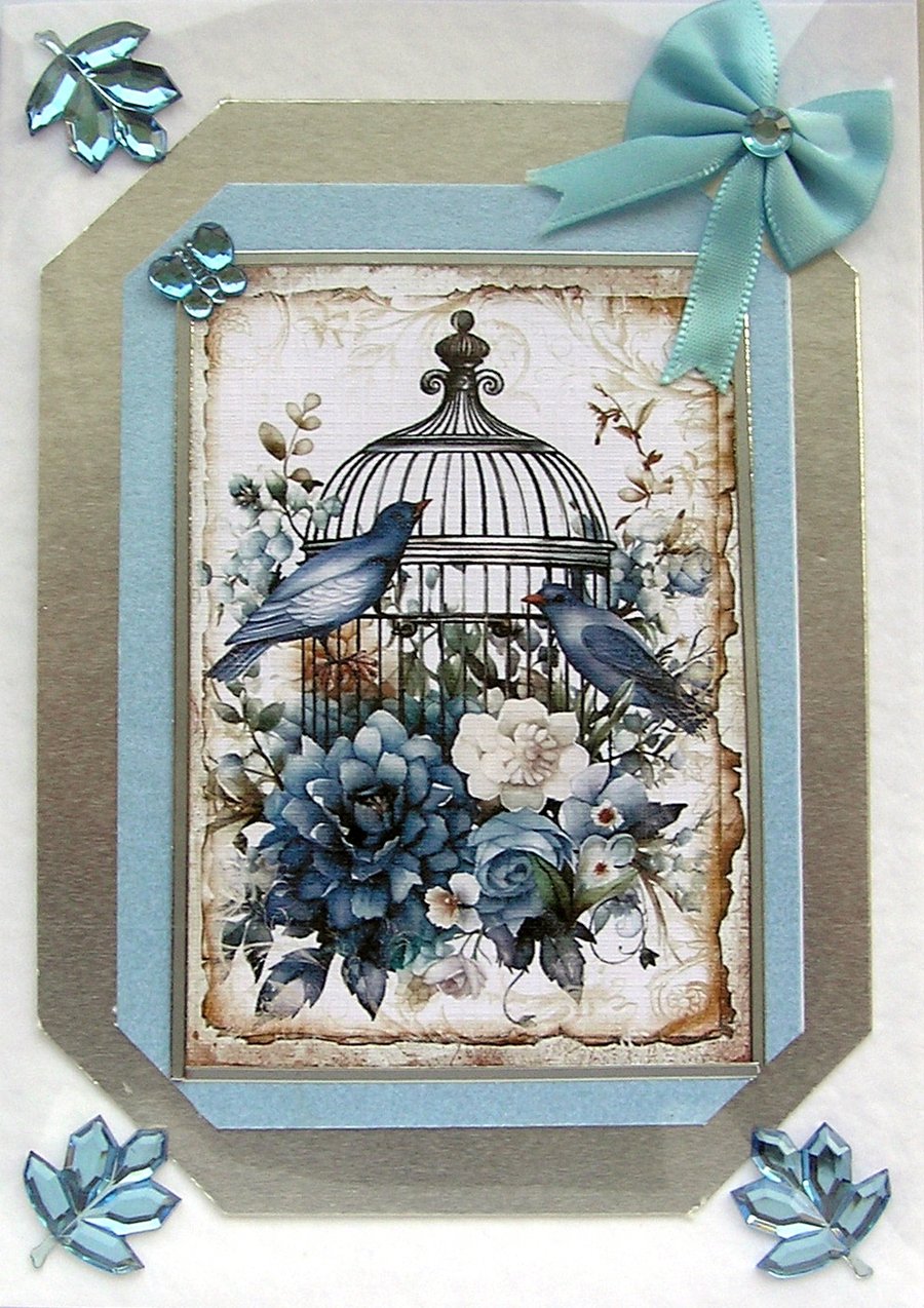 Blue Flower Birdcage Hand Crafted Decoupage Card - Blank (2544)