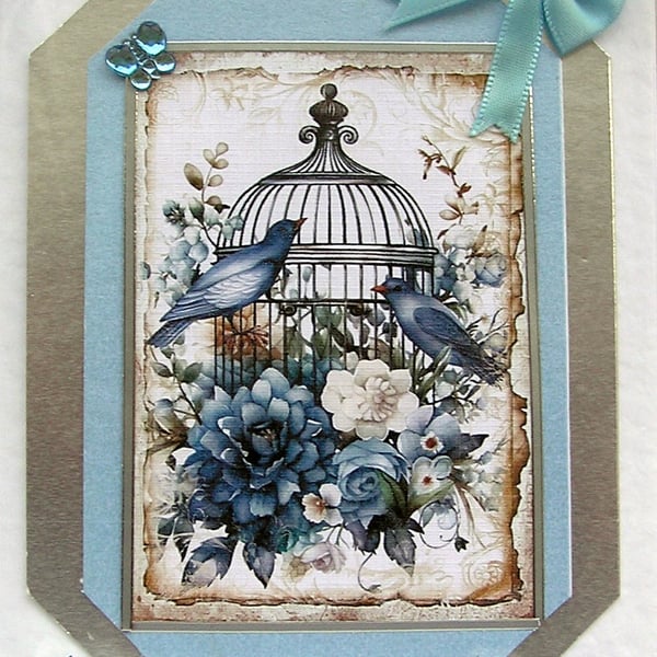 Blue Flower Birdcage Hand Crafted Decoupage Card - Blank (2544)