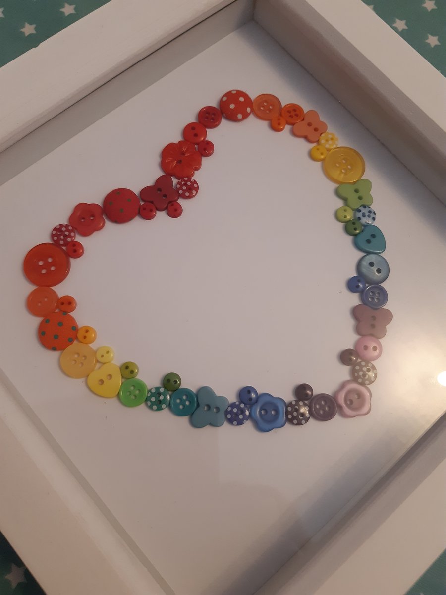 Rainbow button heart box frame white one of a kind
