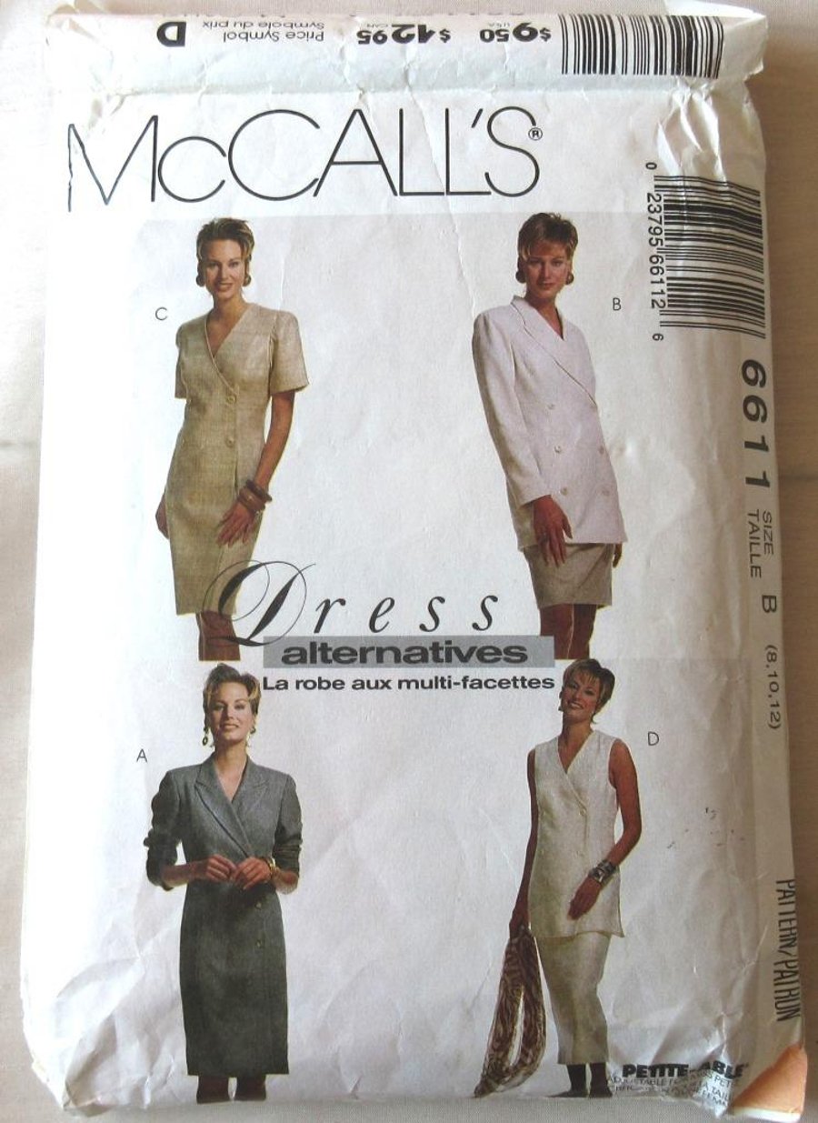 A multi-size sewing pattern for a misses' dress, unlined jacket and skirt
