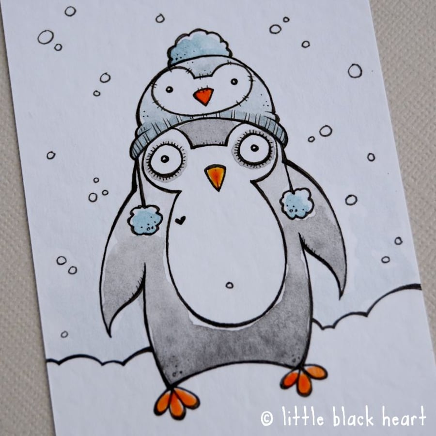 penguin in a penguin hat - original aceo