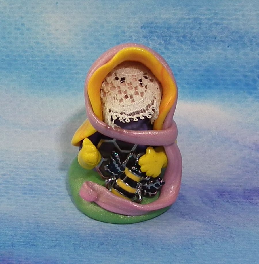 Tiny Beekeeper Gnome 'Nectyn' with bee and honeycomb OOAK Sculpt Ann Galvin