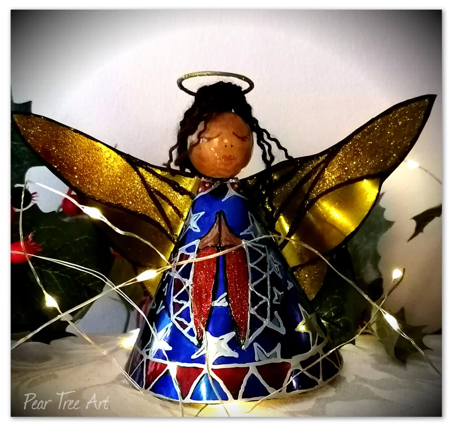 Large: Blue Tin Angel Christmas tree topper