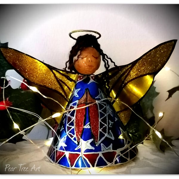 Large: Blue Tin Angel Christmas tree topper