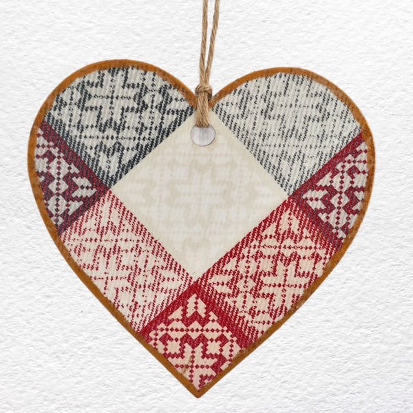 Red Grey Diamonds: Decoupaged Wooden Hanging Heart 15cm (6")