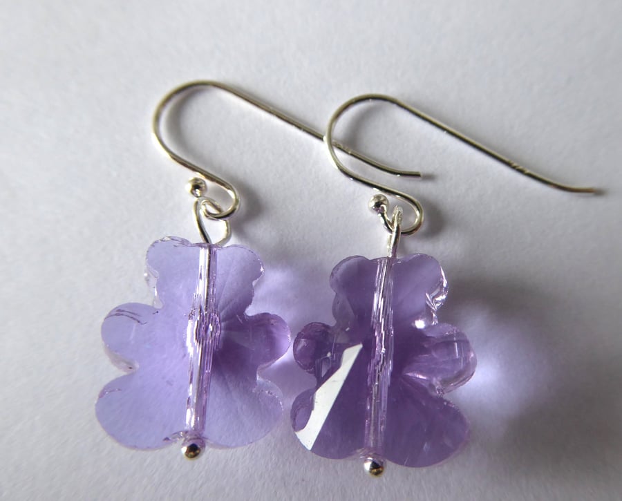 Sterling Silver & Crystal Glass Teddy Bear Earrings Lilac