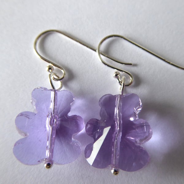 Sterling Silver & Crystal Glass Teddy Bear Earrings Lilac
