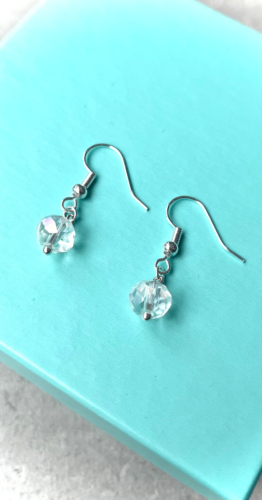 Crystal glass faceted drop earrings, silver plated 