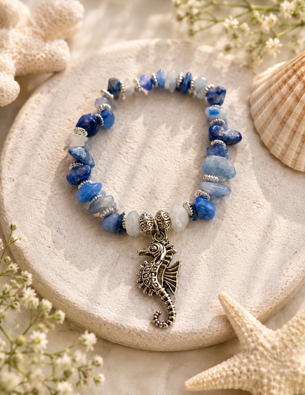 Handmade Blue-quartz Chip Bracelet with Seahorse Charm 