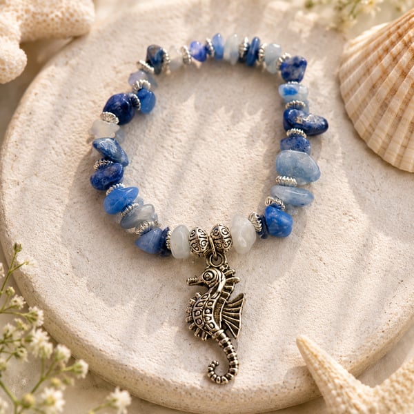 Handmade Blue-quartz Chip Bracelet with Seahorse Charm 
