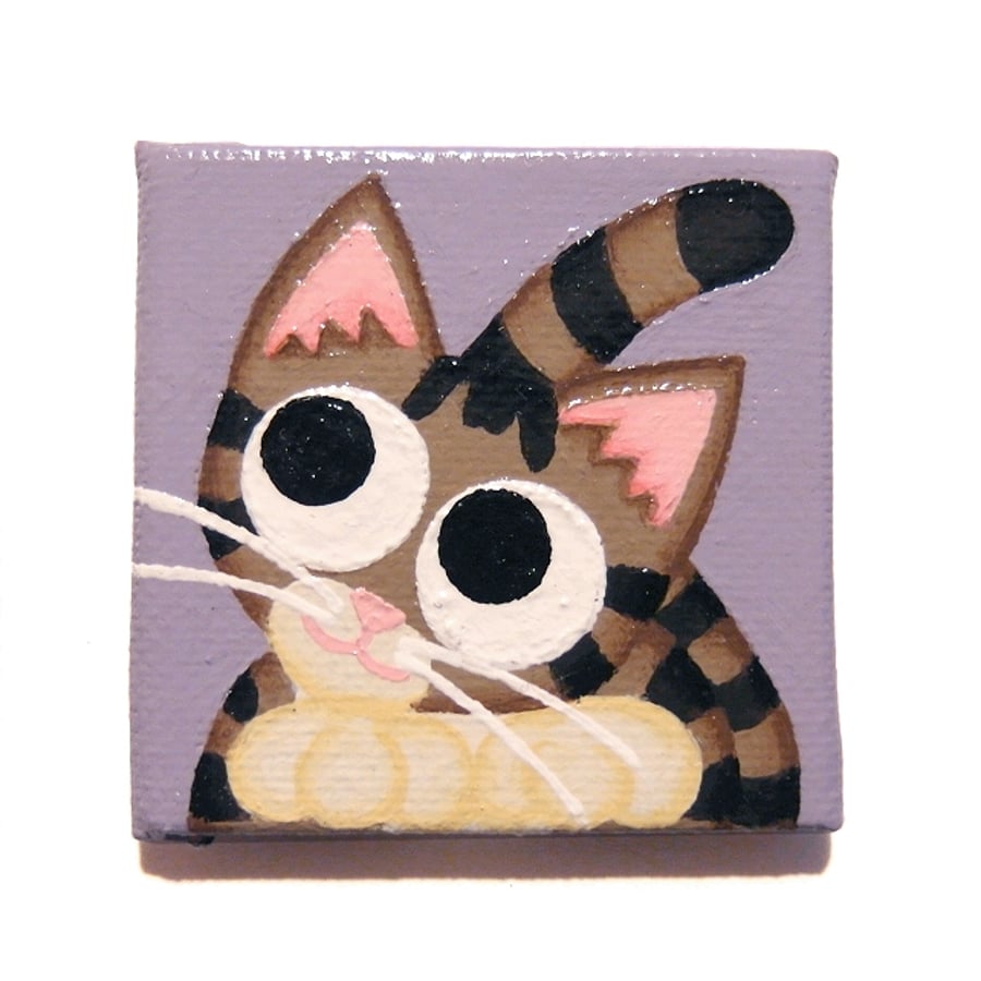 Tabby Cat Magnet - purple fridge magnet with acrylic painted cat art