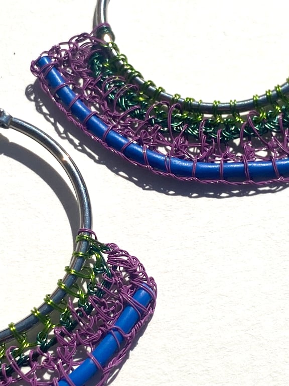 Large BLUE striped Hoop earrings