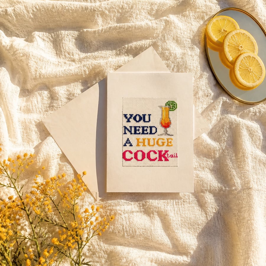 Cheeky Cocktail Birthday Card, Rude Hand Embroidered Greeting Card, Funny Card