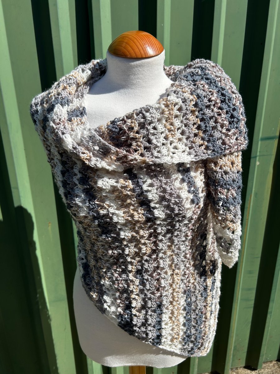 Asymmetrical Triangle Lace Crochet Wrap Shawl in Soft Neutral Tones Wool Blend
