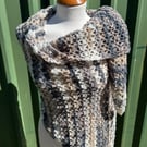 Asymmetrical Triangle Lace Crochet Wrap Shawl in Soft Neutral Tones Wool Blend