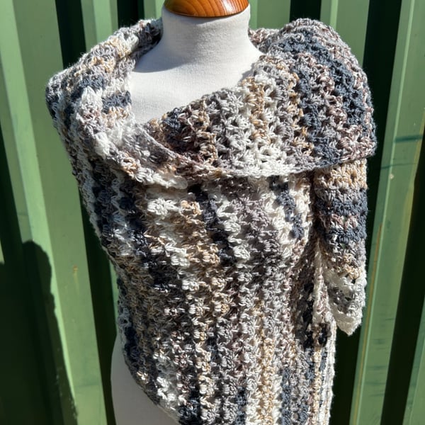 Asymmetrical Triangle Lace Crochet Wrap Shawl in Soft Neutral Tones Wool Blend