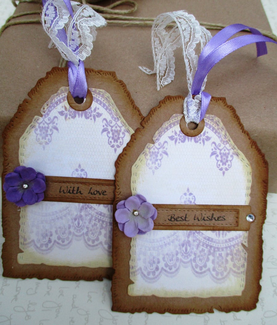 Gift tags,flower and lace design, set of 2 gift tags