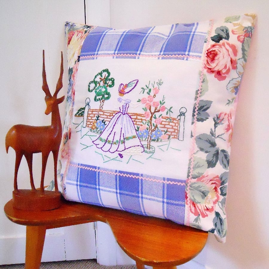SALE Vintage Fabric Embroidered Linen Patchwork Cushion 