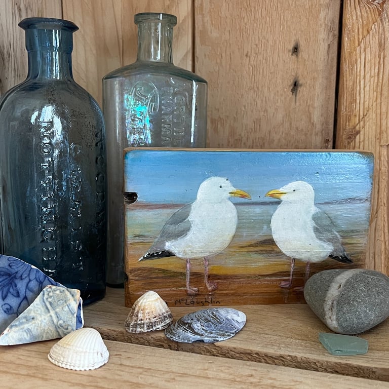 Original painting of 2 seagulls on reclaimed timber