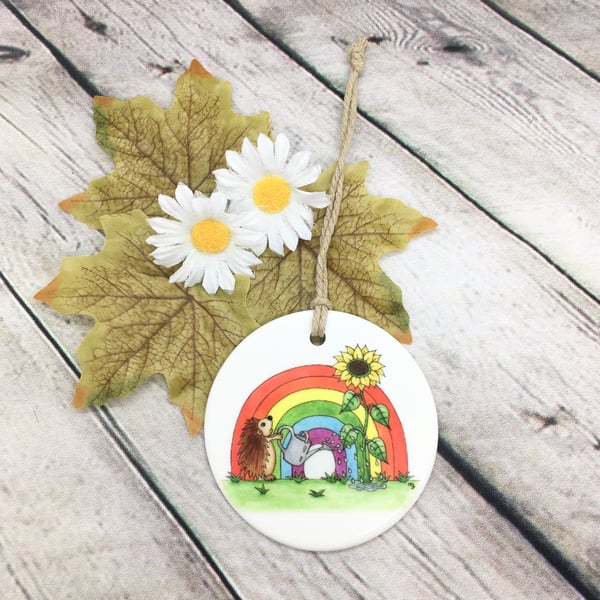 Ceramic Hanging Decoration - Hedgehog with Sunflower & Rainbow 