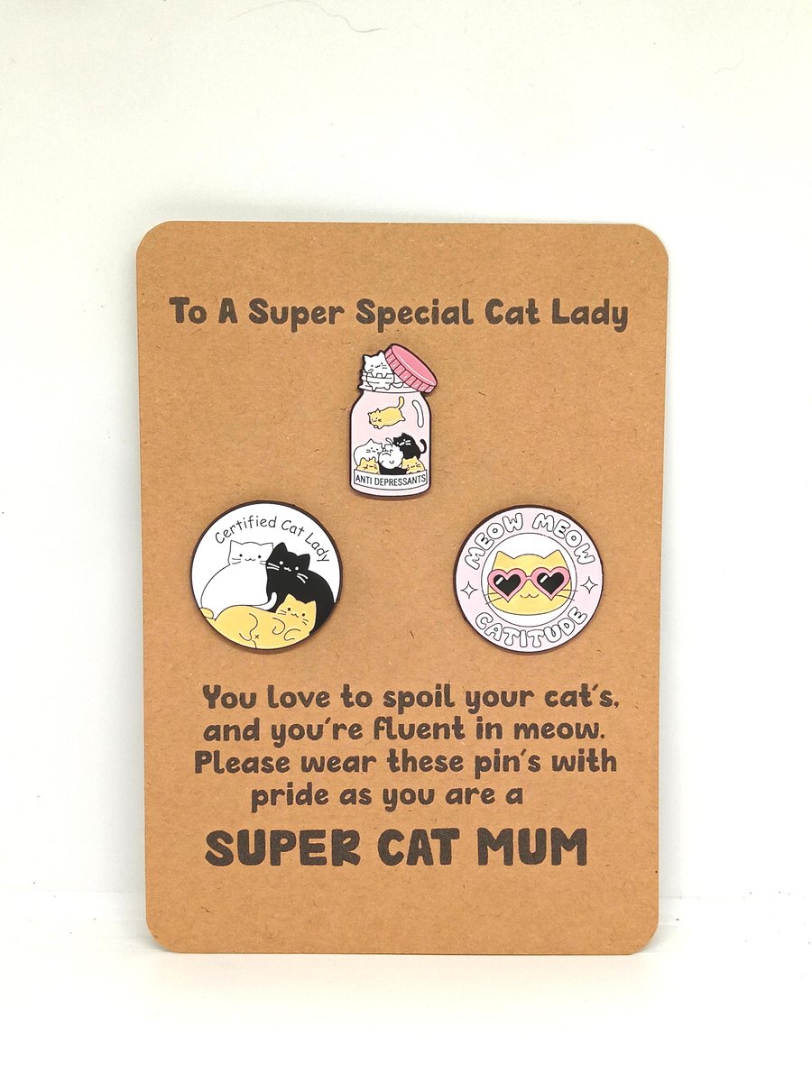 Set of three Super Cat Mum Enamel pin badge brooch 