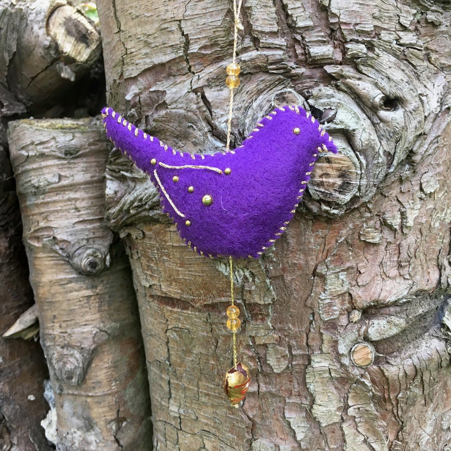 Felt bird hanging decoration in purple